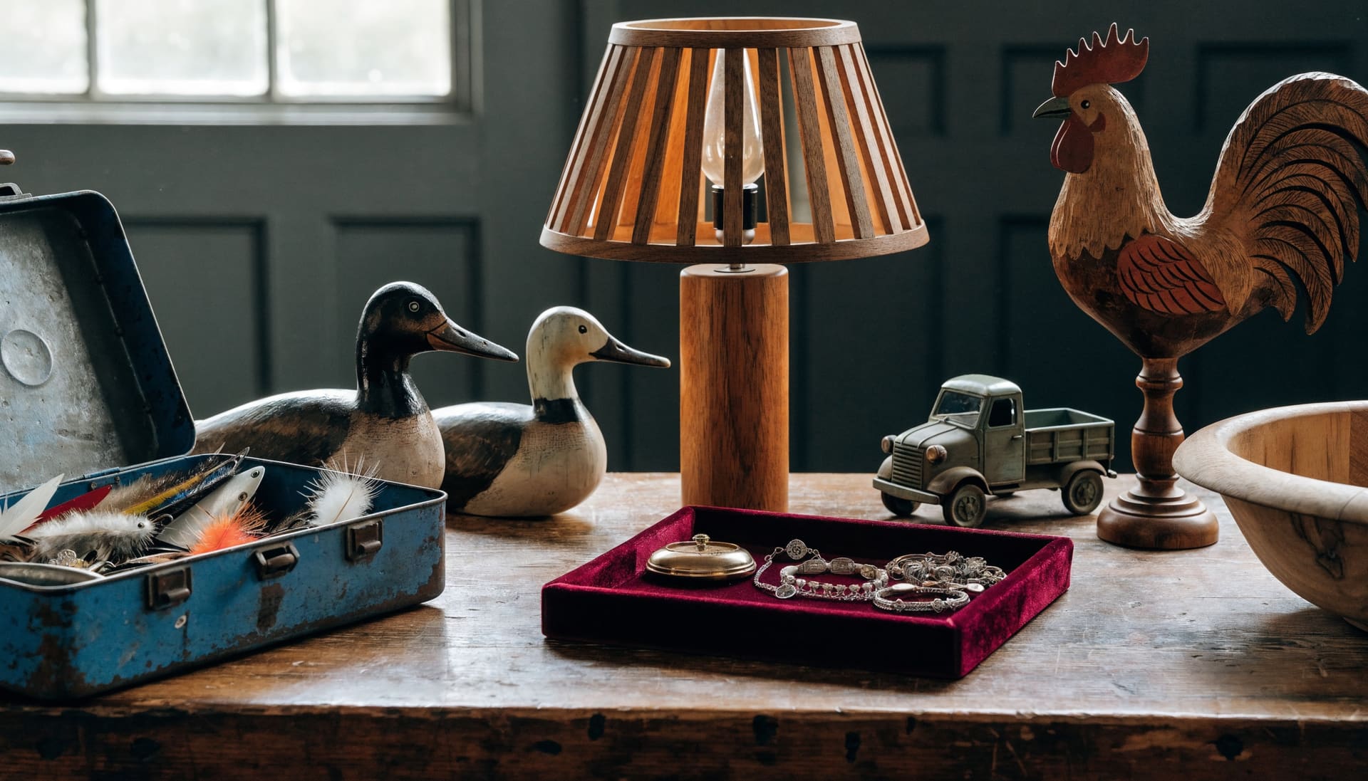 Representative photograph: antique fishing lures, carved decoys, a pocket watch and jewellery, a mid-century lamp, a cast-iron toy truck and a folk-art rooster on a workbench