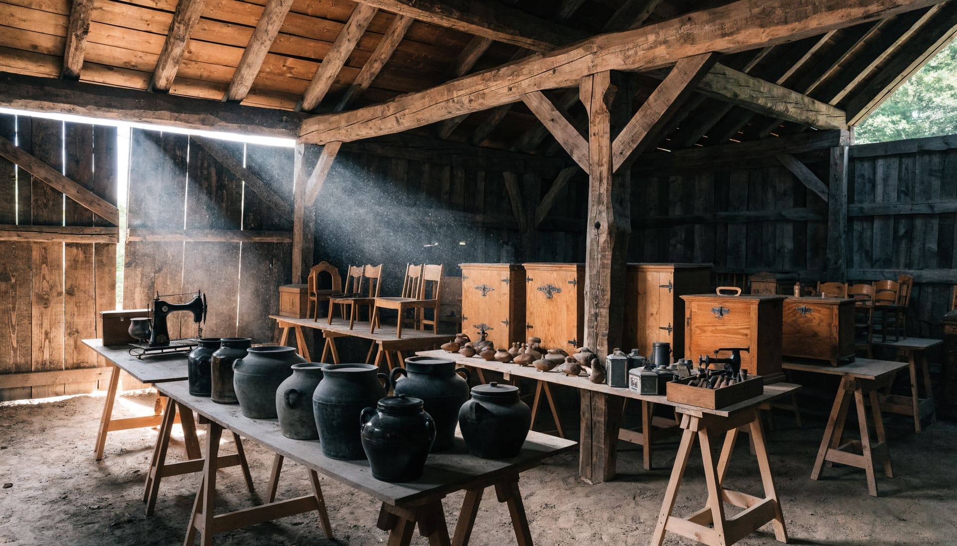Representative photograph: antique pine furniture, stoneware crocks and hand tools on trestle tables inside a timber-frame drive shed