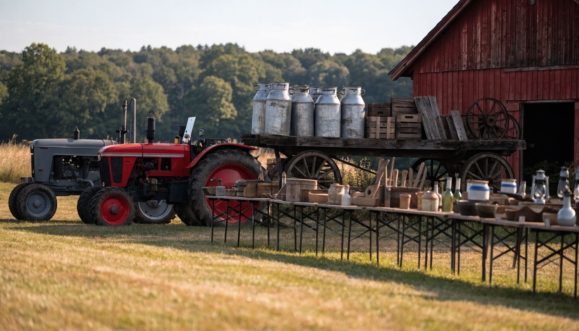 Representative photograph: a farm estate auction laid out in a barnyard with two vintage tractors, a hay wagon of milk cans and tables of tools
