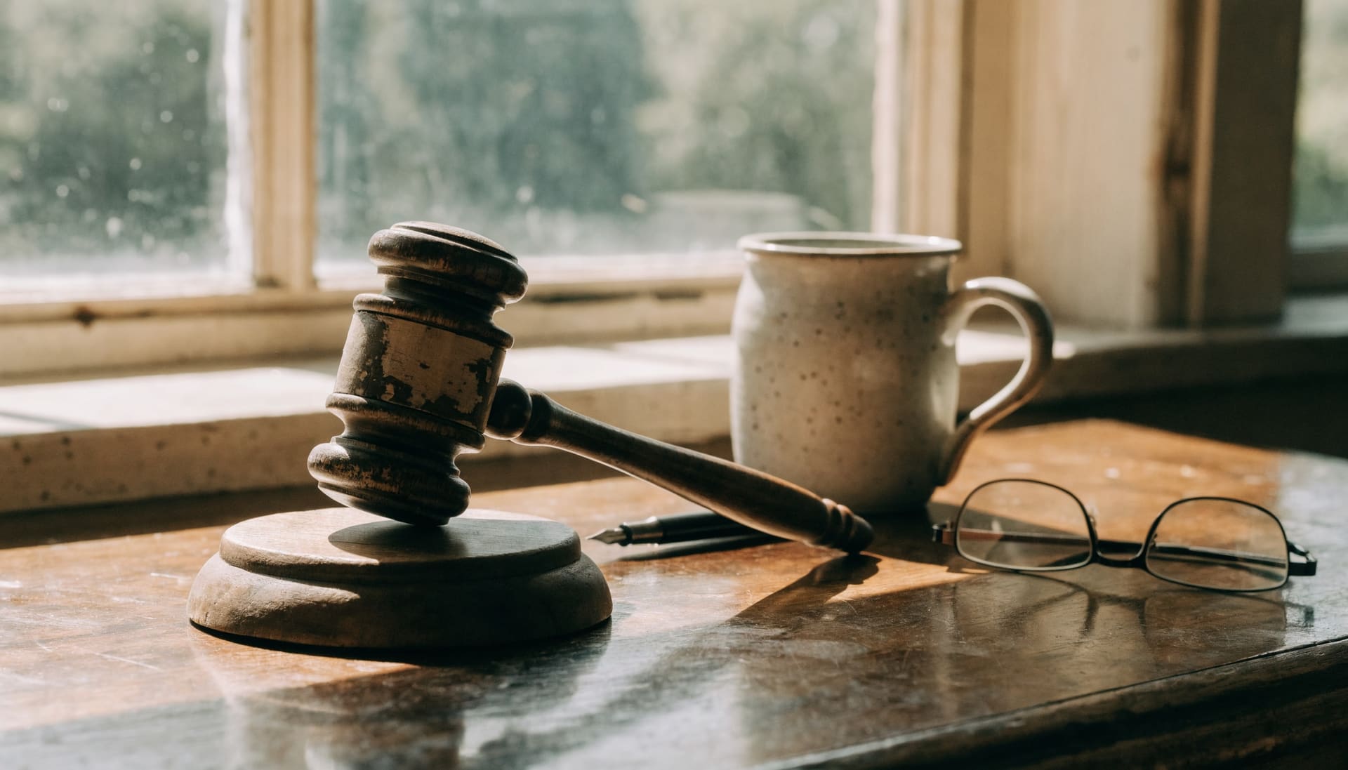 Representative photograph: a worn wooden gavel on an oak desk beside reading glasses and a stoneware mug