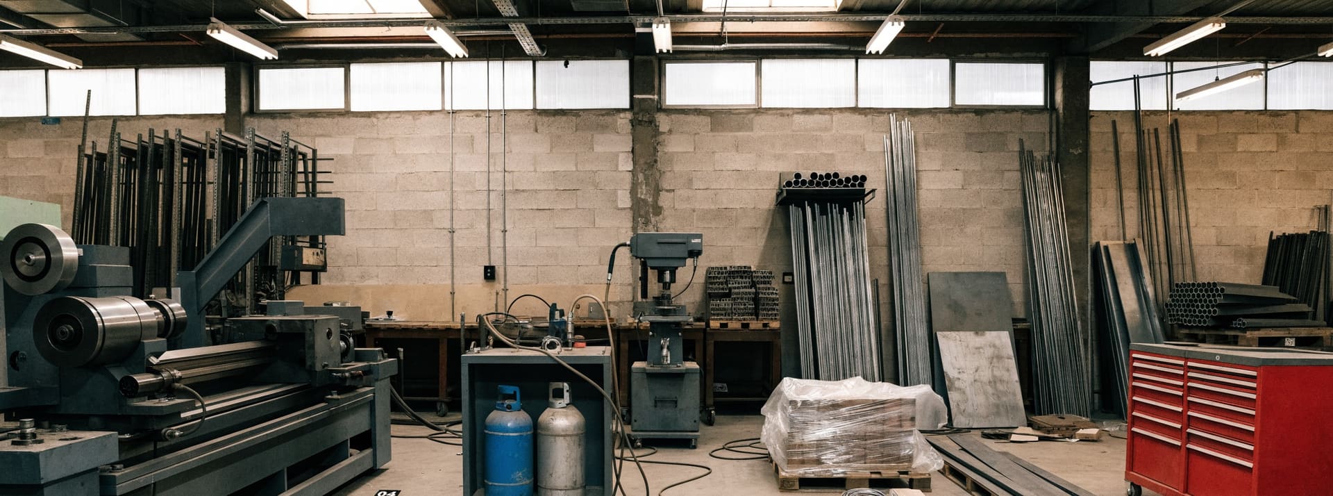 Representative photograph: a small metal fabrication shop with a lathe, welding cart and tool chests laid out for a liquidation auction