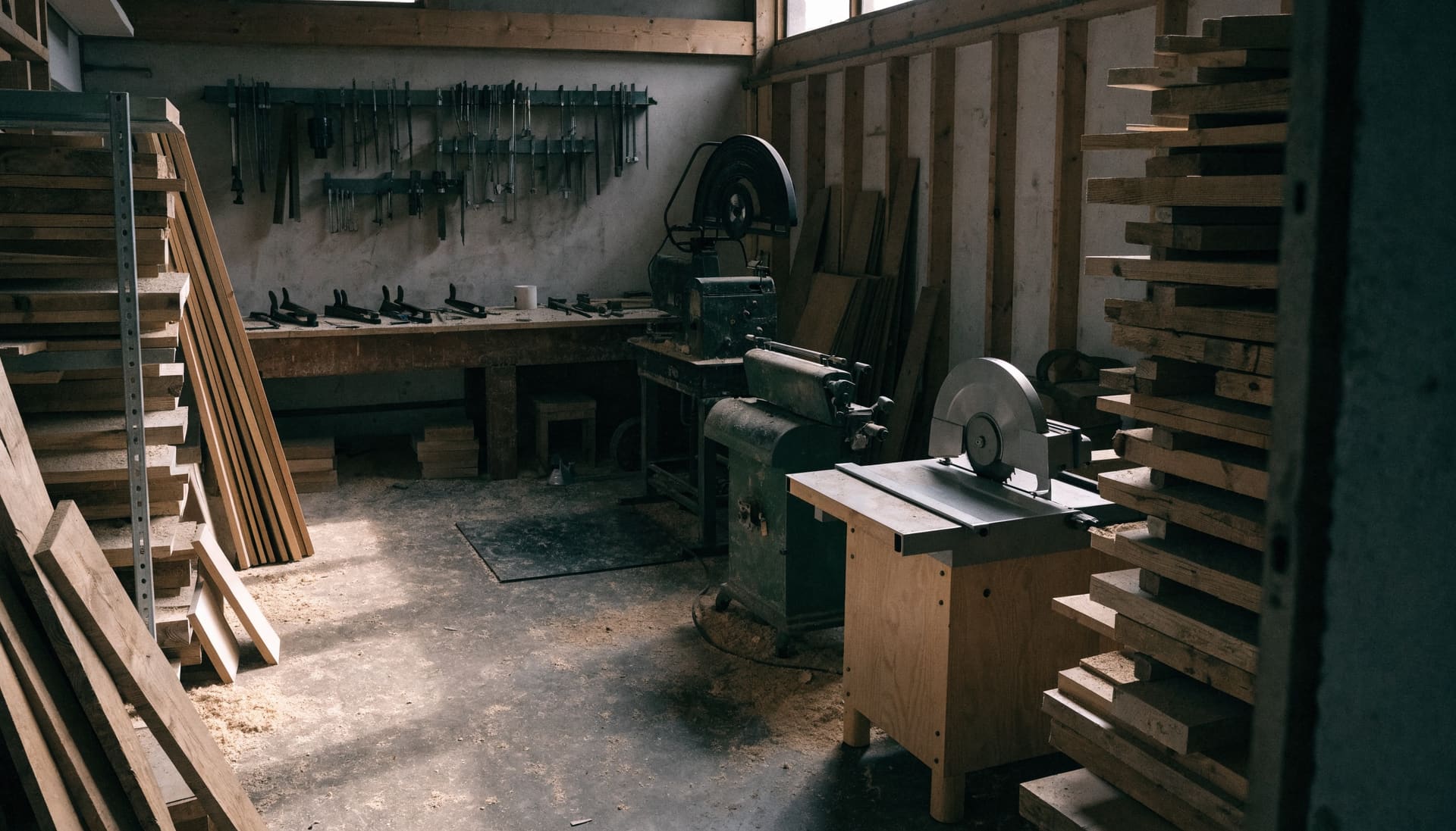 Representative photograph: a small woodworking shop with a table saw, planer, lumber racks and hand tools laid out for a liquidation auction